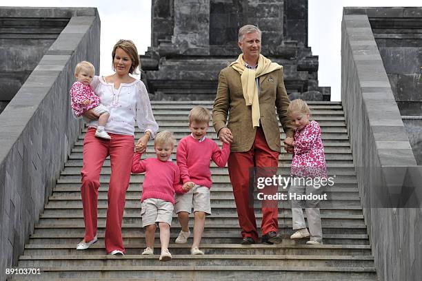 In this handout photo, provided by the Belgian Royal Palace, Prince Emmanuel, Princess Eleonore, Princess Mathilde, Prince Gabriel, Prince Philippe...