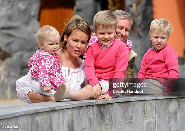 In this handout photo, provided by the Belgian Royal Palace, Prince Emmanuel, Princess Eleonore, Princess Mathilde, Prince Gabriel, Prince Philippe...