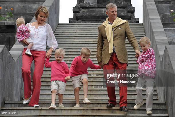 In this handout photo, provided by the Belgian Royal Palace, Prince Emmanuel, Princess Eleonore, Princess Mathilde, Prince Gabriel, Prince Philippe...