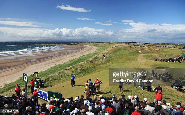 Tom Watson of USA tees off on the 7th hole during the final round of the 138th Open Championship on the Ailsa Course, Turnberry Golf Club on July 19,...