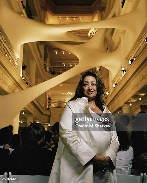 Achitect Zaha Hadid poses at a portrait session for Blueprint Magazine in Miami.