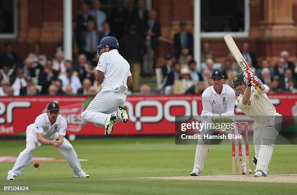 Brad Haddin of Australia hits out as Ravi Bopara of England takes evasive action during day four of the npower 2nd Ashes Test Match between England...