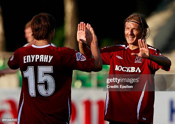 Branislav Krunic and Alexandru Epureanu of FC Moscow celebrate after their victory over FC Kuban Krasnodar in the Russian Football League...