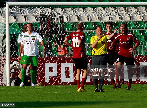 Zvonimir Vukic and Branislav Krunic of FC Moscow celebrate after scoring a goal during the Russian Football League Championship match between FC...