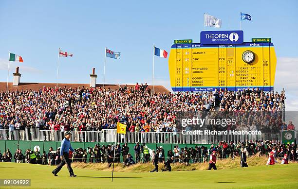 Tom Watson of USA walks across the 18th green during the final round of the 138th Open Championship on the Ailsa Course, Turnberry Golf Club on July...
