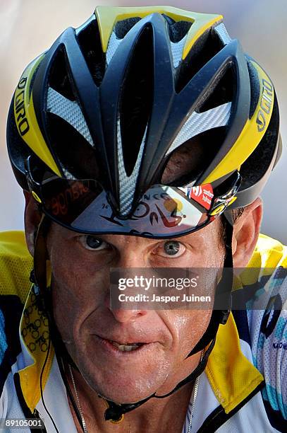 Lance Armstrong of USA and team Astana crosses the finishline at the end of stage 15 of the 2009 Tour de France from Pontarlier to Verbier on July...