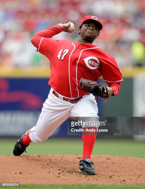 Johnny Cueto of the Cincinnati Reds throws a pitch during the game against the Milwaukee Brewers at Great American Ball Park on July 19, 2009 in...
