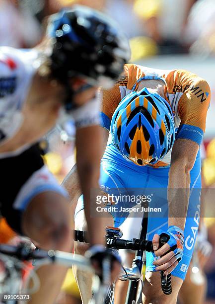Bradley Wiggins of Great Britain and team Garmin - Slipstream hangs his head as he crosses the finishline at the end of stage 15 of the 2009 Tour de...