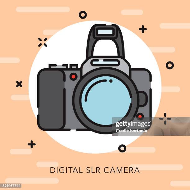 ilustraciones, imágenes clip art, dibujos animados e iconos de stock de icono de fotografía réflex digital contorno abierto - millennial pink