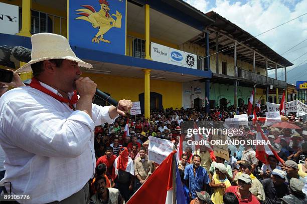 Carlos Eduardo Reina, the coordinator of the Honduran Liberal Party speaks during a protest in support of Honduran ousted President Manuel Zelaya in...