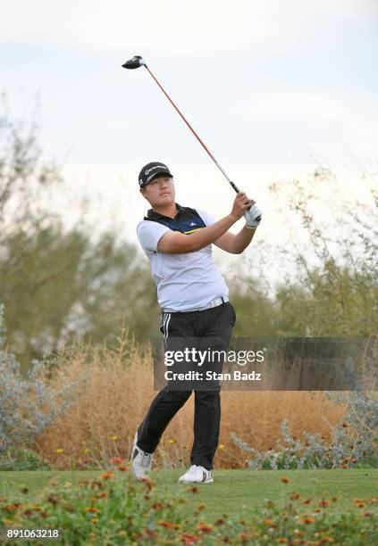 Sung-jae Im plays a tee shot on the 16th hole during the final round of the Web.com Tour Qualifying Tournament at Whirlwind Golf Club on the Cattail...