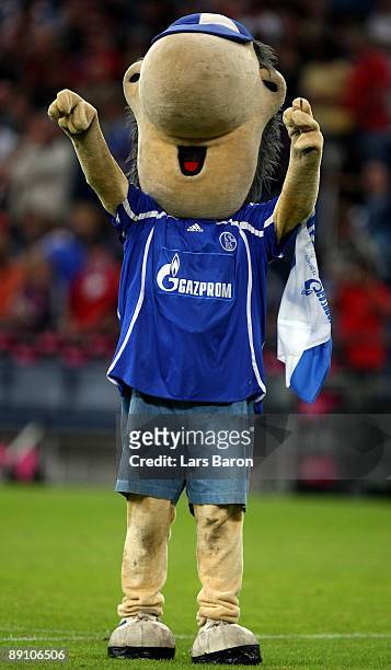 Erwin, mascot of Schalke, celebrates prior to the T-Home Cup third place match between FC Schalke 04 and FC Bayern Muenchen at Veltins Arena on July...
