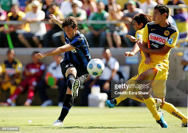 Diego Milito of Inter Milan misses a shot on goal in the first half against Club America during the World Football Challenge at Stanford Stadium on...