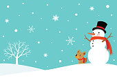 Winter snowy scene with snowman and cute dog