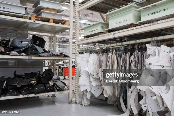 Patterns for sewing aircraft cargo nets hang on display at the Tighitco Inc. Manufacturing facility in San Luis Potosi, Mexico, on Thursday, Nov. 16,...