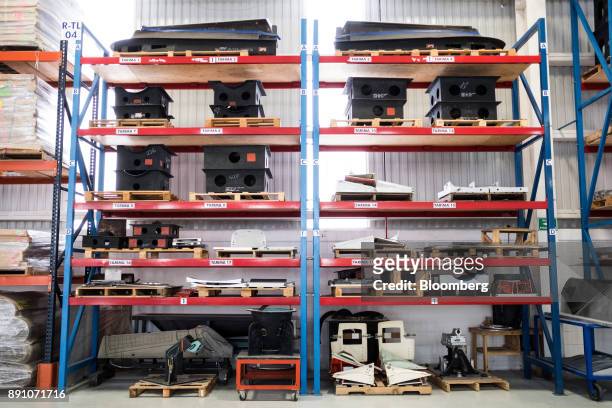Molds for aircraft parts sit on shelves at the Tighitco Inc. Manufacturing facility in San Luis Potosi, Mexico, on Thursday, Nov. 16, 2017. With 312...