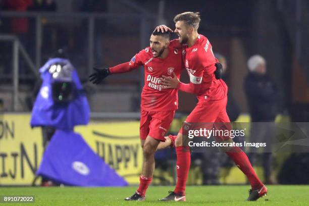 Oussama Assaidi of FC Twente celebrates 0-1 with Stefan Thesker of FC Twente during the Dutch Eredivisie match between NAC Breda v Fc Twente at the...