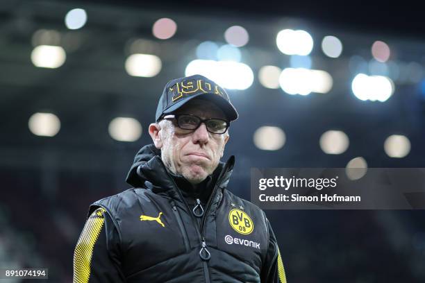 Head coach Peter Stoeger of Dortmund looks on prior the Bundesliga match between 1. FSV Mainz 05 and Borussia Dortmund at Opel Arena on December 12,...