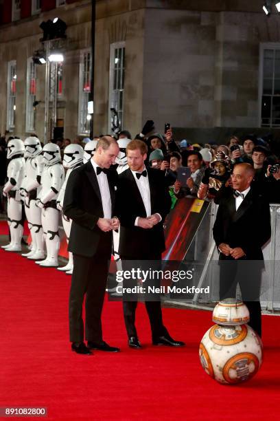 Prince William, Duke of Cambridge and Prince Harry attend the European Premiere of 'Star Wars: The Last Jedi' at Royal Albert Hall on December 12,...