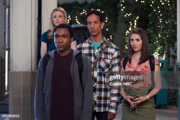 Competitive Ecology" Episode 304 -- Pictured: Gillian Jacobs as Britta, Donald Glover as Troy, Danny Pudi as Abed, Alison Brie as Annie --