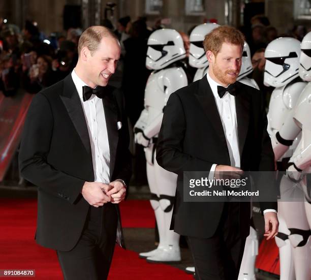 Prince William, Duke of Cambridge and Prince Harry attend the European Premiere of 'Star Wars: The Last Jedi' at Royal Albert Hall on December 12,...