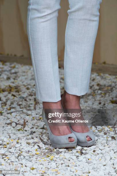 Detail of Queen Letizia of Spain's shoes during her visit to the Cervantes Institute on December 12, 2017 in Dakar, Senegal. Queen Letizia of Spain...