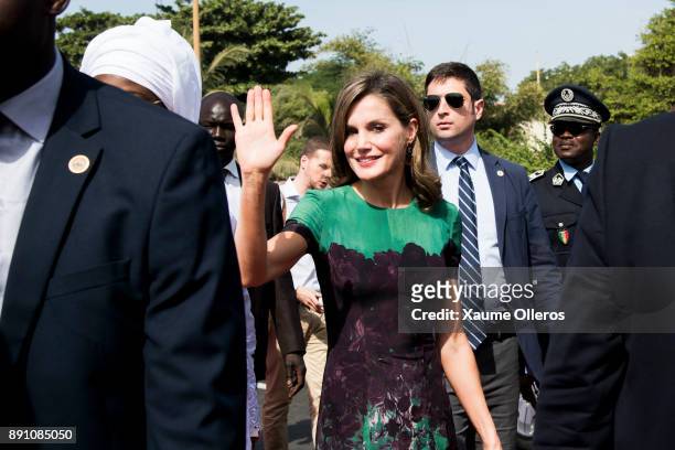 Queen Letizia of Spain waves as she arrives to an official lunch with Senegalese First Lady Marieme Faye Sall on December 12, 2017 in Dakar, Senegal....
