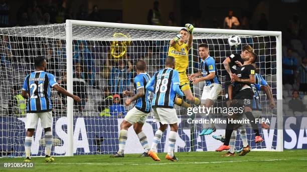 Marcelo Grohe of Gremio punches the ball away during the FIFA Club World Cup UAE 2017 semi-final match between Gremio FBPA and CF Pachuca on December...