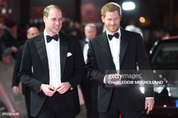 Britain's Prince William , Duke of Cambridge and Prince Harry arrive for the European Premiere of Star Wars: The Last Jedi at the Royal Albert Hall...