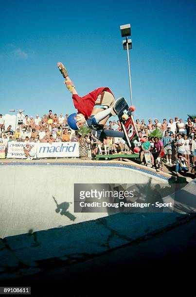 Tony Hawk does a backside ollie in the keyhole pool during the National Skateboarding Association competition at the Del Mar Skate Ranch in August...