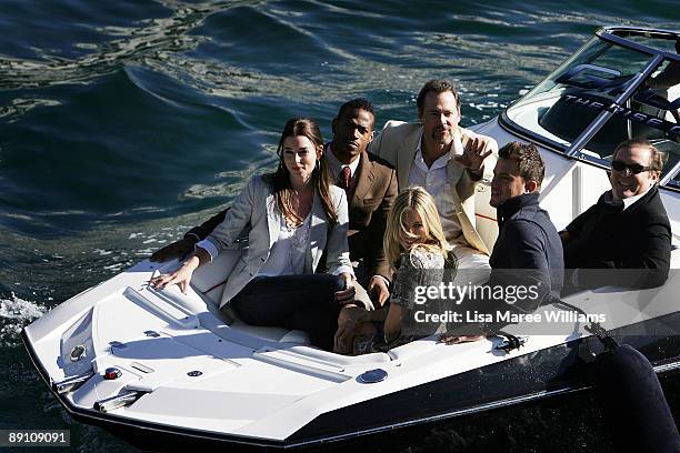 Rachel Nichols, Marlon Wayans, Stephen Sommers, Lorenzo Di Bonaventure, Channing Tatum and Sienna Miller arrive by boat for a press conference for...