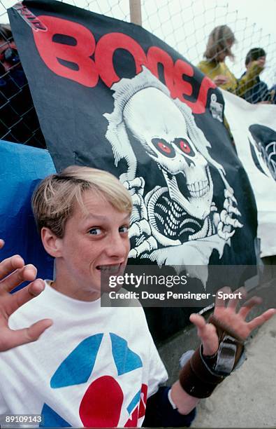 Tony Hawk mugs for the camera during a break in the action as he competes in the National Skateboarding Association event at the Del Mar Skate Ranch...