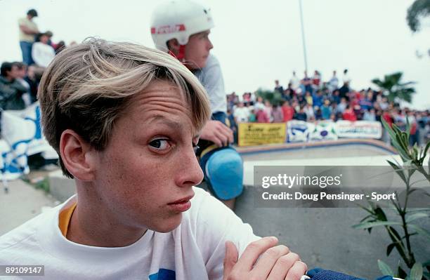 Tony Hawk mugs for the camera during a break in the action as he competes in the National Skateboarding Association event at the Del Mar Skate Ranch...