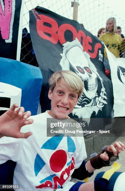 Tony Hawk mugs for the camera during a break in the action as he competes in the National Skateboarding Association event at the Del Mar Skate Ranch...