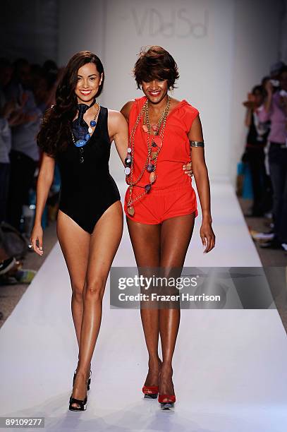 Designer Veronique de la Cruz and a model walk the runway at the V Del Sol 2010 fashion show during Mercedes-Benz Fashion Week Swim at the Cabana...