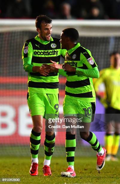 Christian Doidge of Forest Green Rovers celebrates after scoring his sides first goal with Reece Brown of Forest Green Rovers during the Emirates FA...