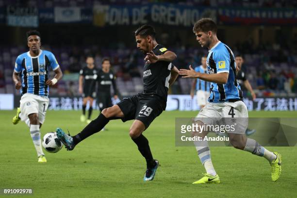 Walter Kannemann of Gremio in action against Omar Gonzalez of Pachuca during the 2017 FIFA Club World Cup semi-final soccer match between Gremio and...