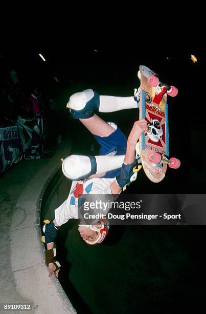 Tony Hawk, riding for Powell Peralta Skateboards, does an invert as he competes in the National Skateboarding Association event at the Del Mar Skate...