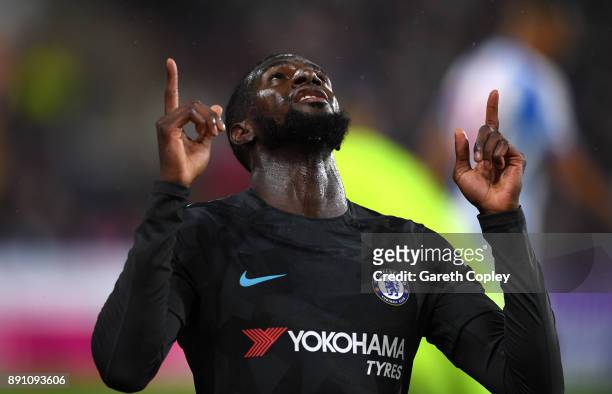 Tiemoue Bakayoko of Chelsea celebrates scoring the first Chelsea goal during the Premier League match between Huddersfield Town and Chelsea at John...