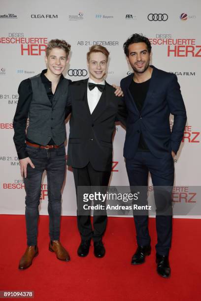 Philip Noah Schwarz, Daniel Meyer and Elyas M'Barek attend the 'Dieses bescheuerte Herz' premiere on December 12, 2017 in Berlin, Germany.