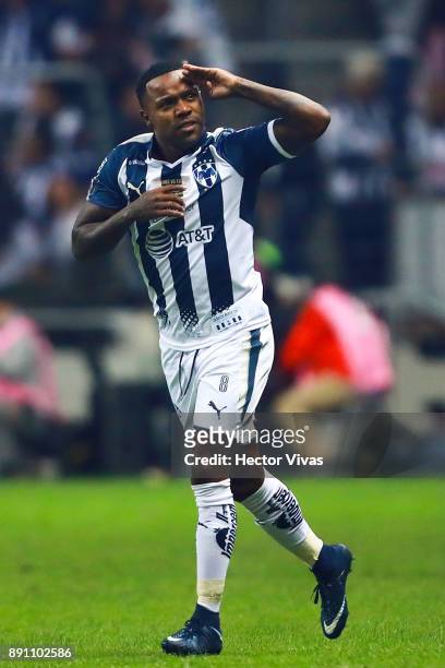 Dorlan Pabon of Monterrey celebrates after scoring the first goal of his team during the second leg of the Torneo Apertura 2017 Liga MX final between...