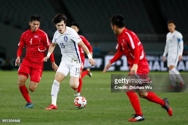 Lee Changmin of South Korea in action during the EAFF E-1 Men's Football Championship between North Korea and South Korea at Ajinomoto Stadium on...