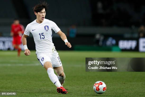 Lee Changmin of South Korea in action during the EAFF E-1 Men's Football Championship between North Korea and South Korea at Ajinomoto Stadium on...