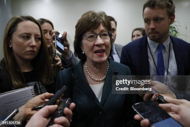 Senator Susan Collins, a Republican from Maine, speaks to members of the media in the basement of the U.S. Capitol before a weekly GOP luncheon...