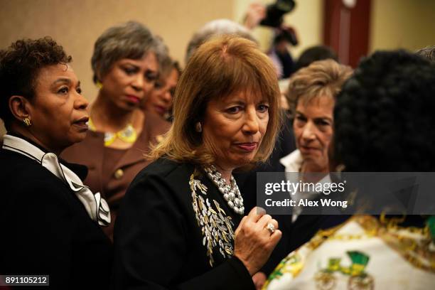 Rep. Barbara Lee , Rep. Brenda Lawrence , Rep. Jackie Speier and Rep. Jan Schakowsky discuss after a news conference December 12, 2017 on Capitol...