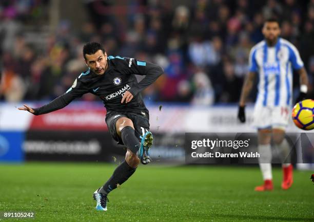 Pedro of Chelsea scores the 3rd Chelsea goal during the Premier League match between Huddersfield Town and Chelsea at John Smith's Stadium on...