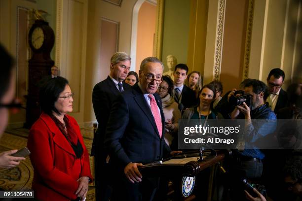 Senate Minority Leader Charles Schumer speaks to reporters about President Donald Trump's recent tweets during a news conference on Capitol Hill,...