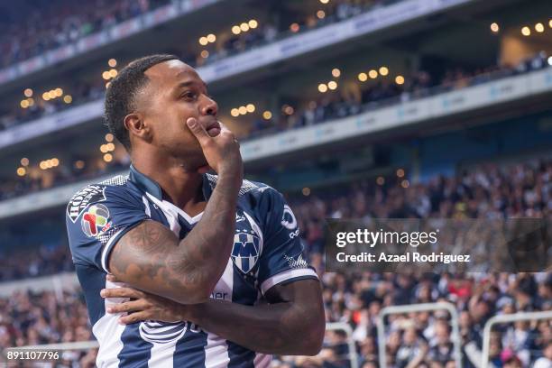 Dorlan Pabon of Monterrey celebrates after scoring his team's first goal during the second leg of the Torneo Apertura 2017 Liga MX final between...