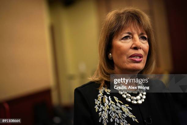 Rep. Jackie Speier speaks to a member of the media after a news conference December 12, 2017 on Capitol Hill in Washington, DC. House Democrats call...