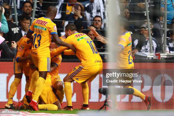 Francisco Meza of Tigres celebrates after scoring the second goal of his team during the second leg of the Torneo Apertura 2017 Liga MX final between...